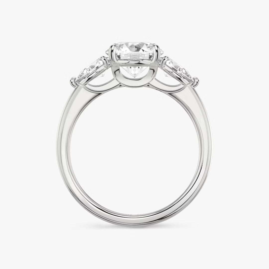 Round Cut - Plain Band - Three Stone Ring- 0.5 Ct Side Stone each - 14 K Gold