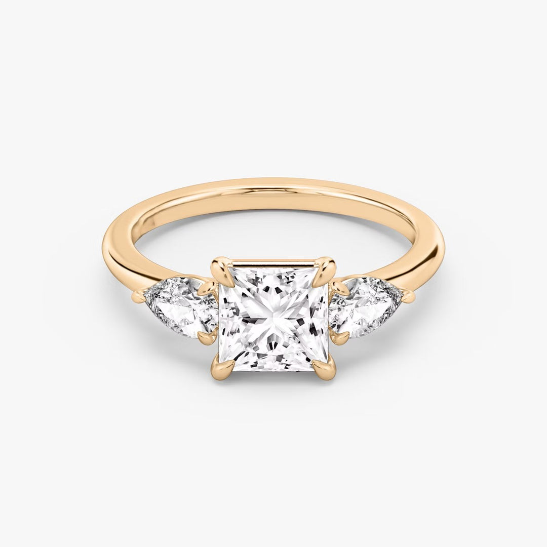 Princess Cut - Plain Band - Three Stone Ring - 0.25 Ct Side Stone each - 14 K Gold