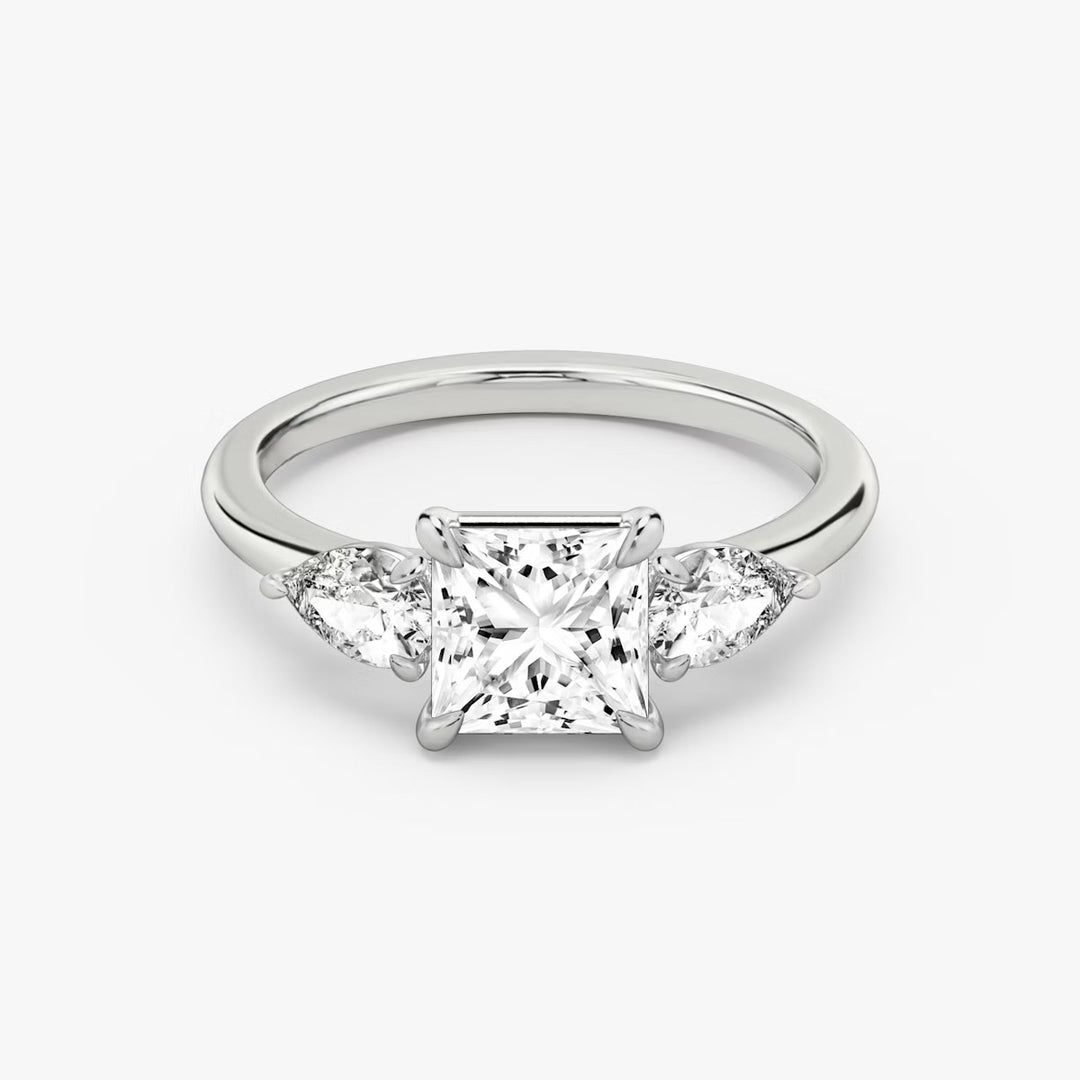 Princess Cut - Plain Band - Three Stone Ring - 0.25 Ct Side Stone each - 18 K Gold