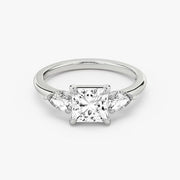 Princess Cut - Plain Band - Three Stone Ring - 0.25 Ct Side Stone each - 14 K Gold