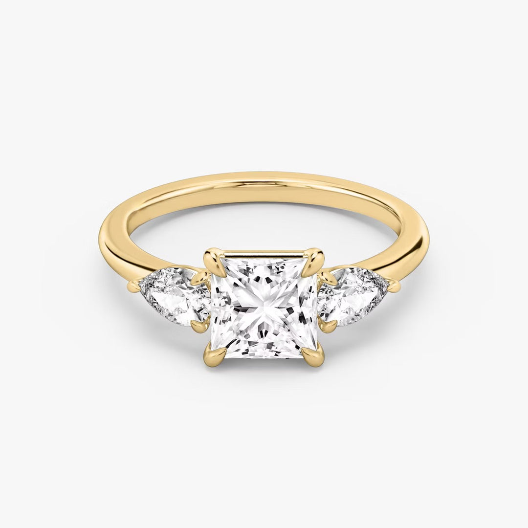 Princess Cut - Plain Band - Three Stone Ring - 0.25 Ct Side Stone each - 14 K Gold