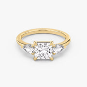 Princess Cut - Plain Band - Three Stone Ring - 0.25 Ct Side Stone each - 14 K Gold