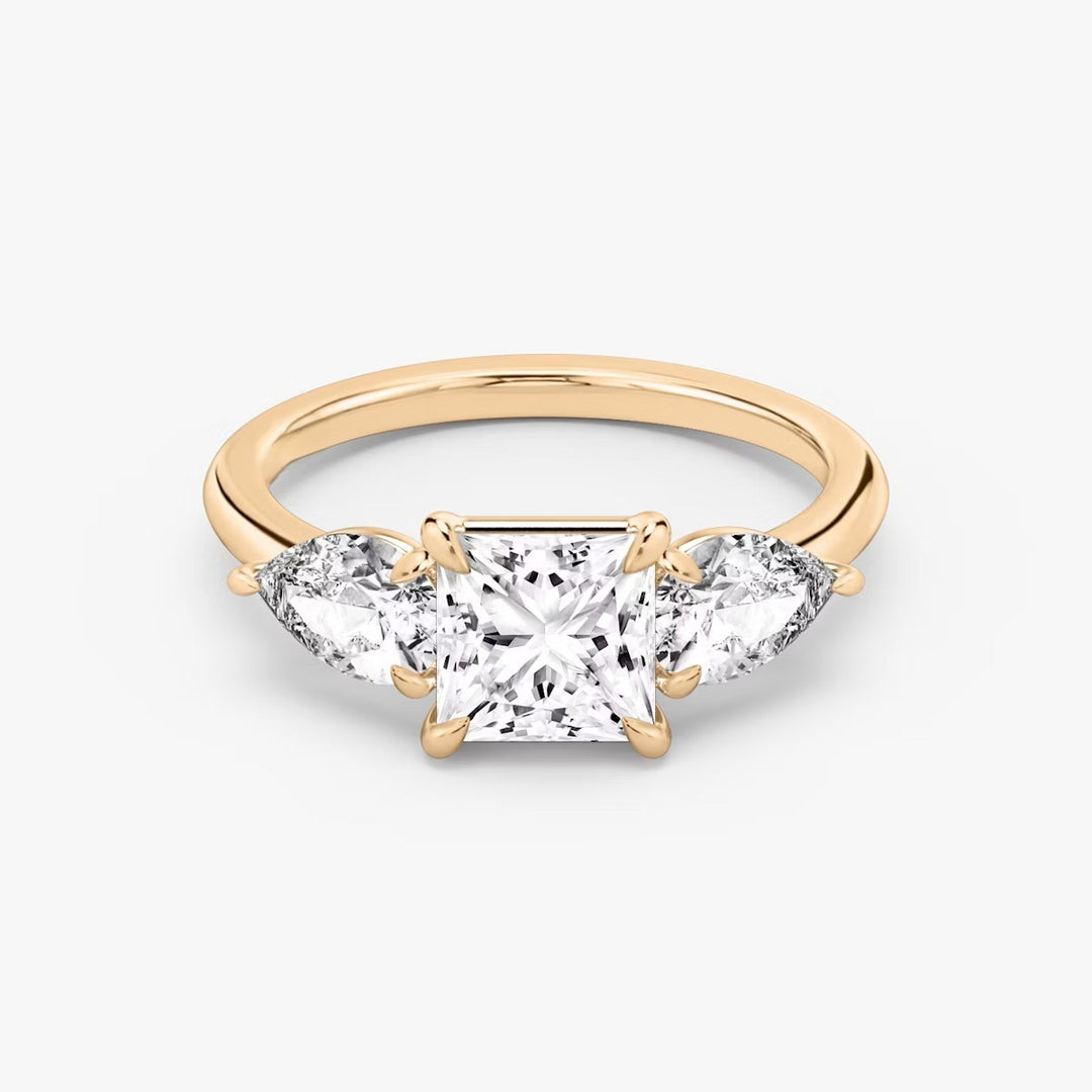 Princess Cut - Plain Band - Three Stone Ring- 0.5 Ct Side Stone each - 18 K Gold
