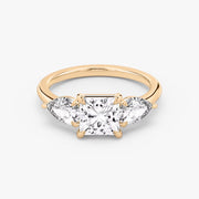 Princess Cut - Plain Band - Three Stone Ring- 0.5 Ct Side Stone each - 18 K Gold