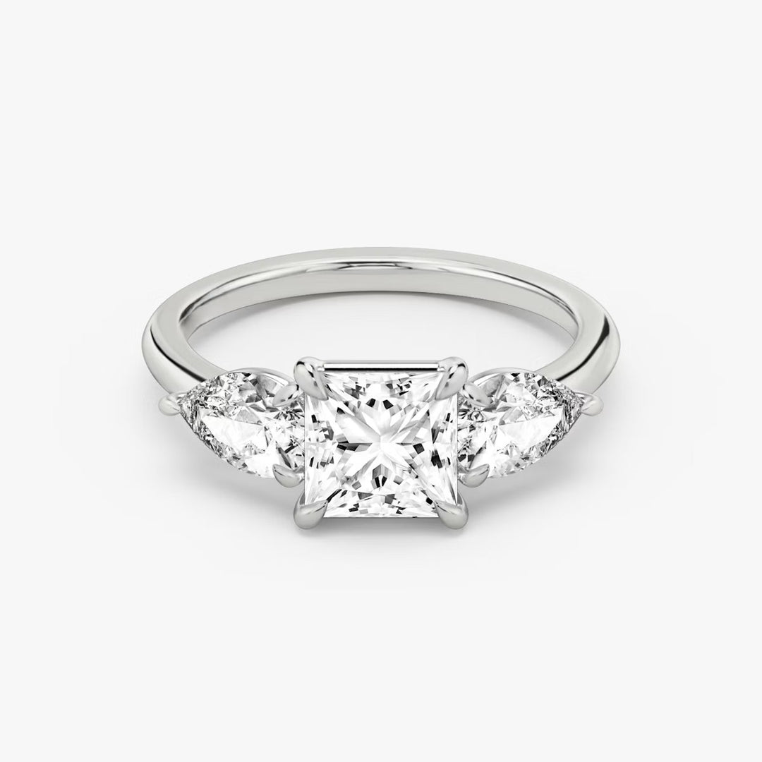 Princess Cut - Plain Band - Three Stone Ring- 0.5 Ct Side Stone each - 18 K Gold