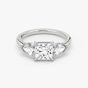 Princess Cut - Plain Band - Three Stone Ring- 0.5 Ct Side Stone each - 14 K Gold
