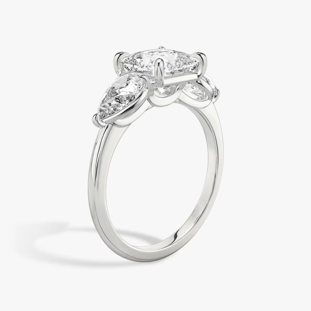 Princess Cut - Plain Band - Three Stone Ring- 0.5 Ct Side Stone each - 14 K Gold
