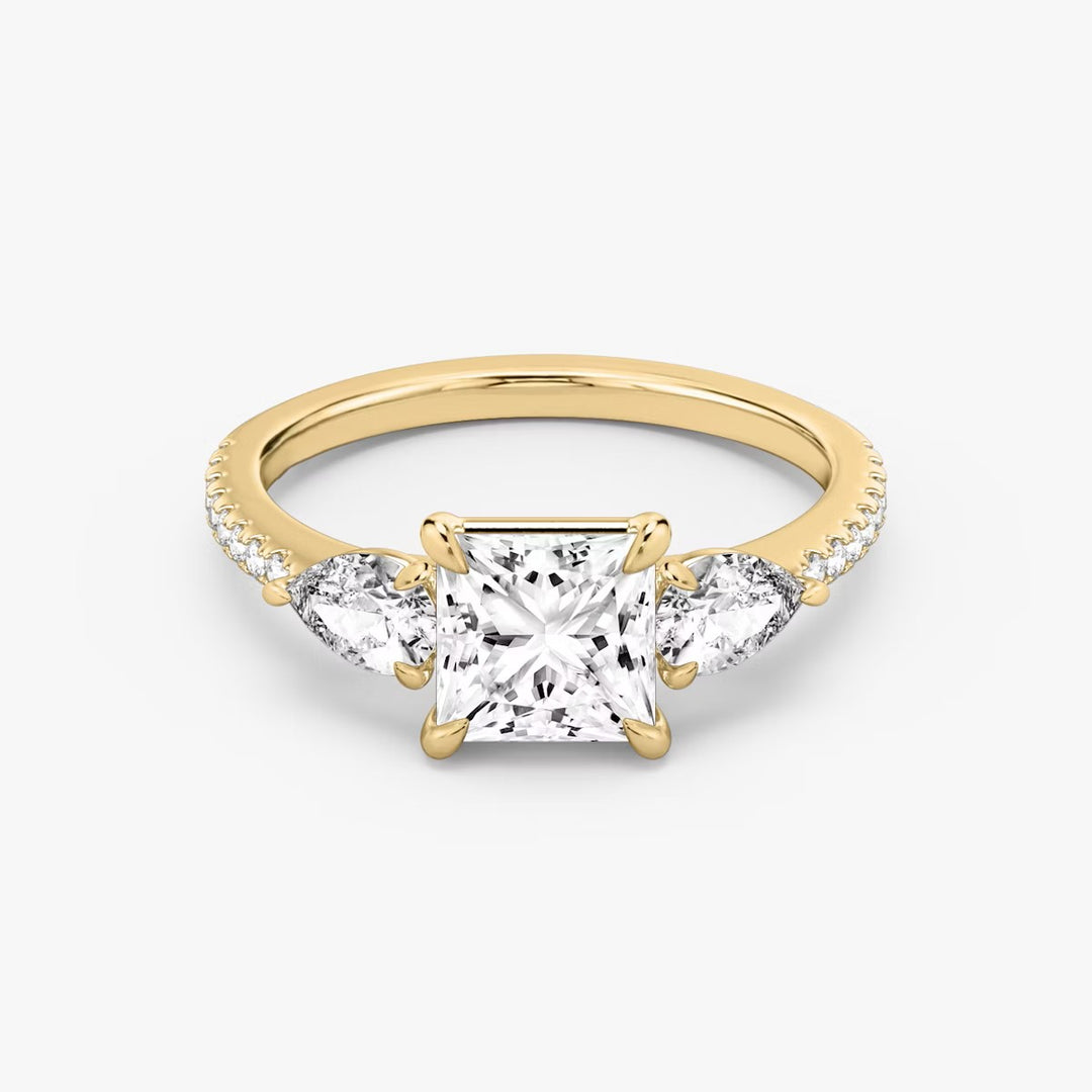 Princess Cut - Plain Band - Three Stone Ring- 0.5 Ct Side Stone each - 18 K Gold
