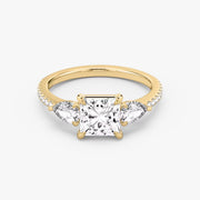 Princess Cut - Plain Band - Three Stone Ring- 0.5 Ct Side Stone each - 14 K Gold