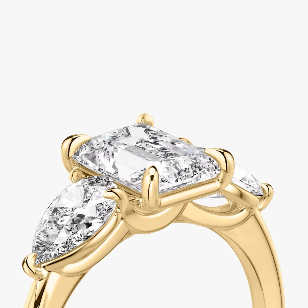 Radiant Cut - Plain Band - Three Stone Ring- 0.5 Ct Side Stone each - 18 K Gold