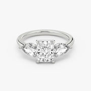 Radiant Cut - Plain Band - Three Stone Ring- 0.5 Ct Side Stone each - 18 K Gold