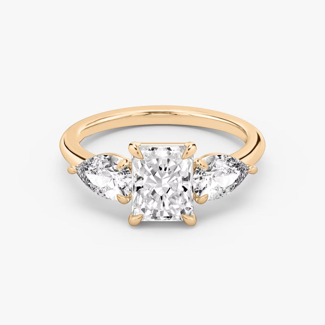 Radiant Cut - Plain Band - Three Stone Ring- 0.5 Ct Side Stone each - 14 K Gold