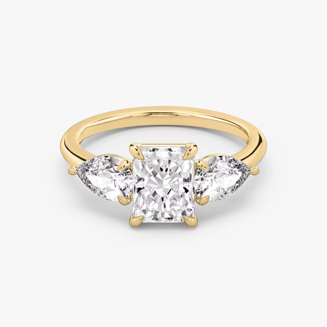 Radiant Cut - Plain Band - Three Stone Ring- 0.5 Ct Side Stone each - 14 K Gold
