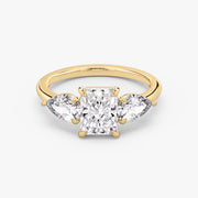 Radiant Cut - Plain Band - Three Stone Ring- 0.5 Ct Side Stone each - 14 K Gold