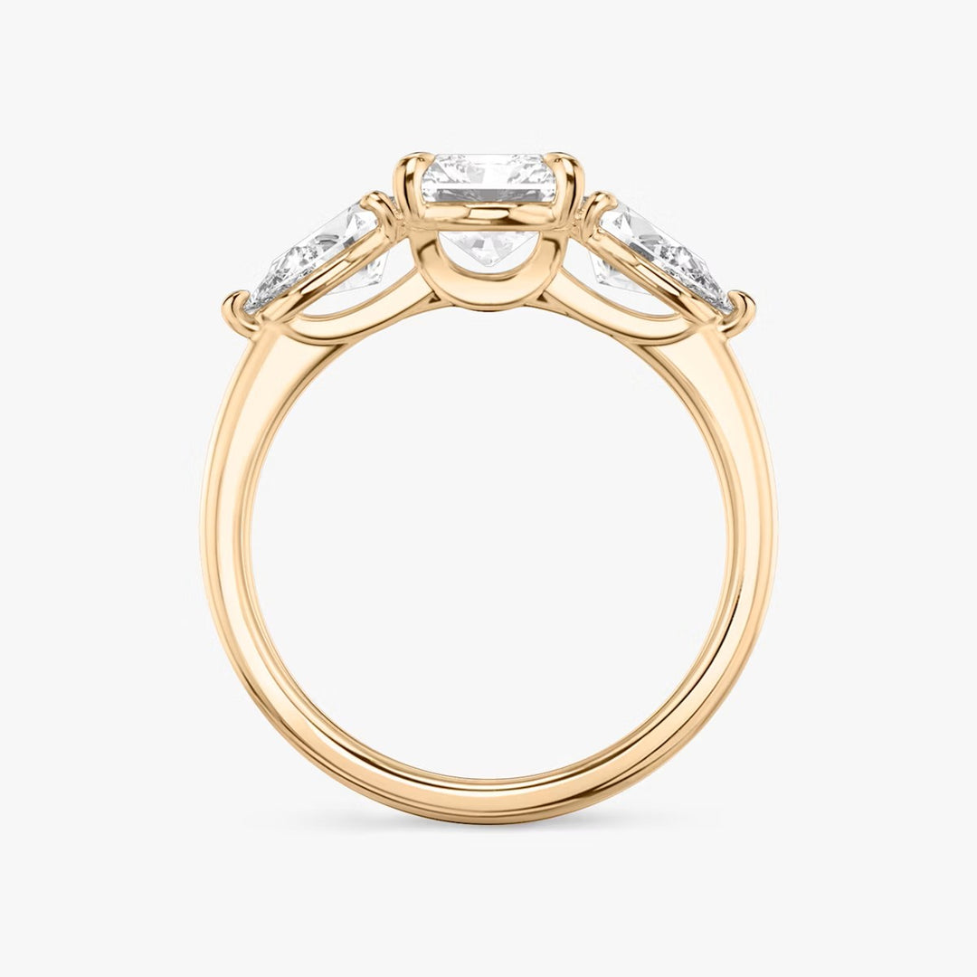 Radiant Cut - Plain Band - Three Stone Ring- 0.5 Ct Side Stone each - 14 K Gold
