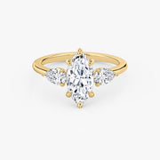 Marquise Cut - Plain Band - Three Stone Ring - 0.25 Ct Side Stone each - 18 K Gold