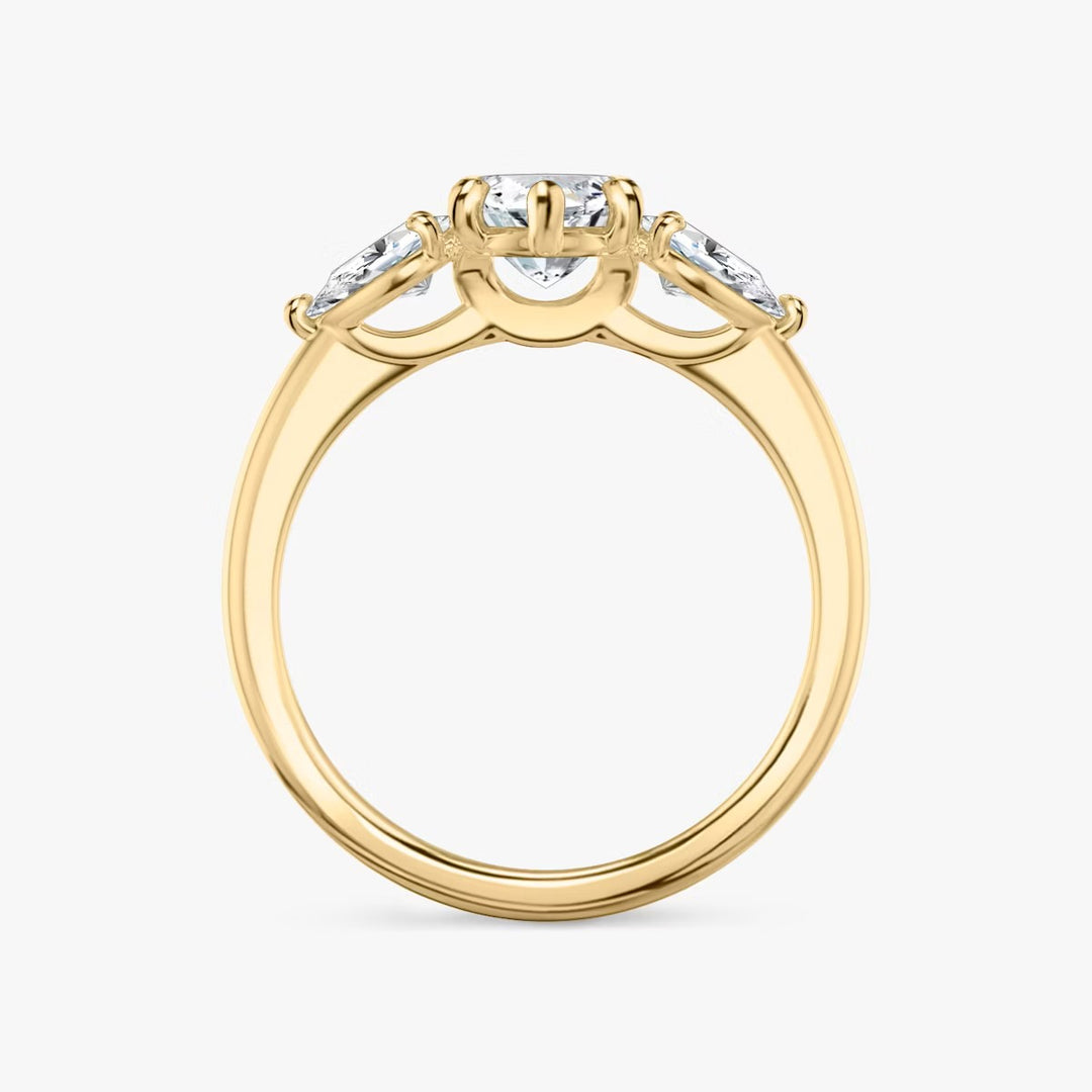 Marquise Cut - Plain Band - Three Stone Ring - 0.25 Ct Side Stone each - 14 K Gold