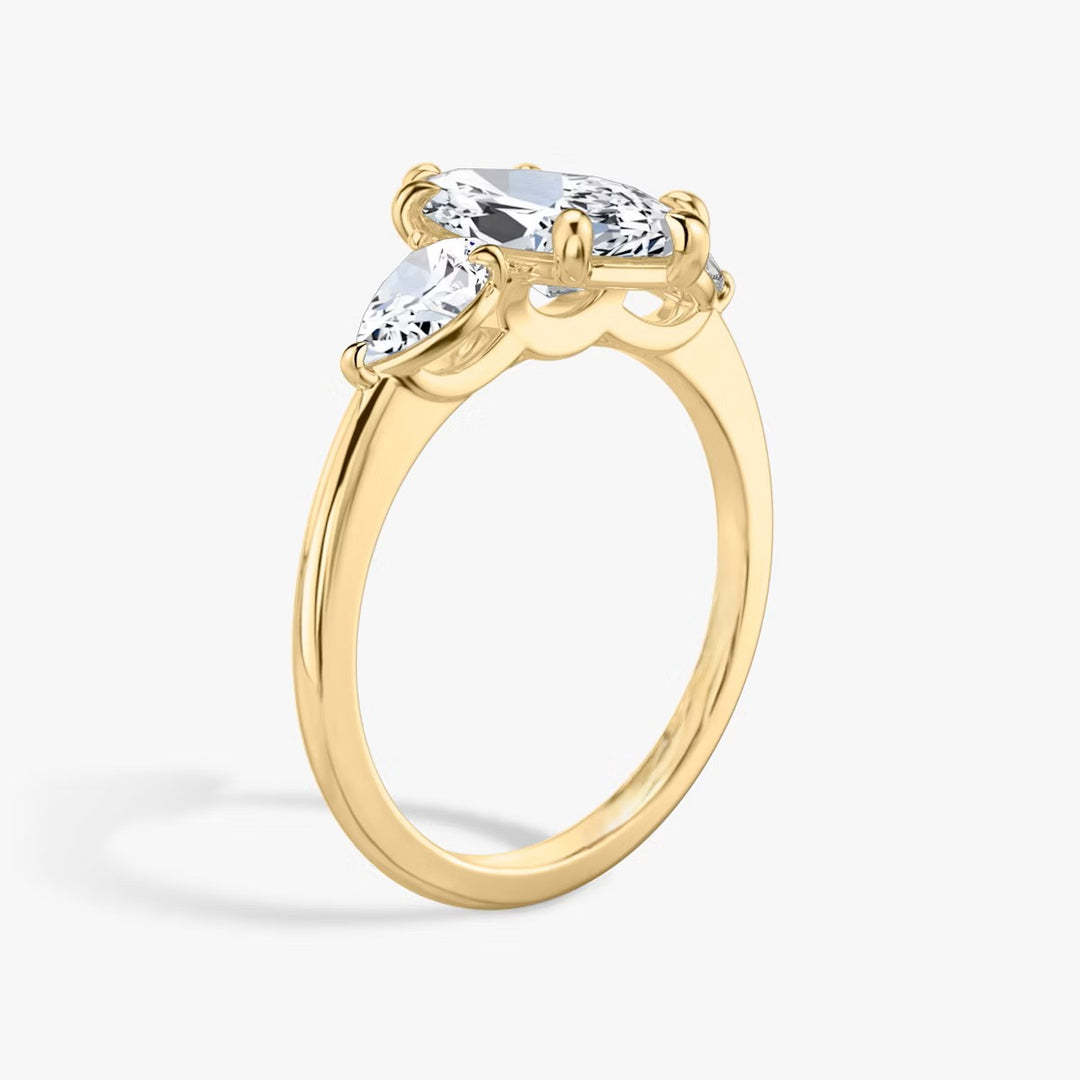 Marquise Cut - Plain Band - Three Stone Ring - 0.25 Ct Side Stone each - 14 K Gold