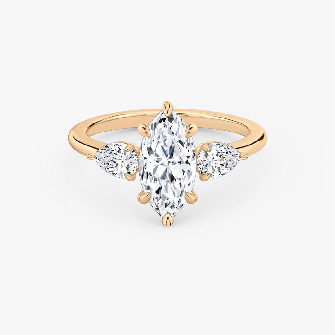 Marquise Cut - Plain Band - Three Stone Ring - 0.25 Ct Side Stone each - 14 K Gold
