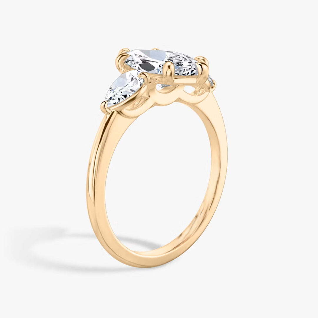 Marquise Cut - Plain Band - Three Stone Ring - 0.25 Ct Side Stone each - 14 K Gold