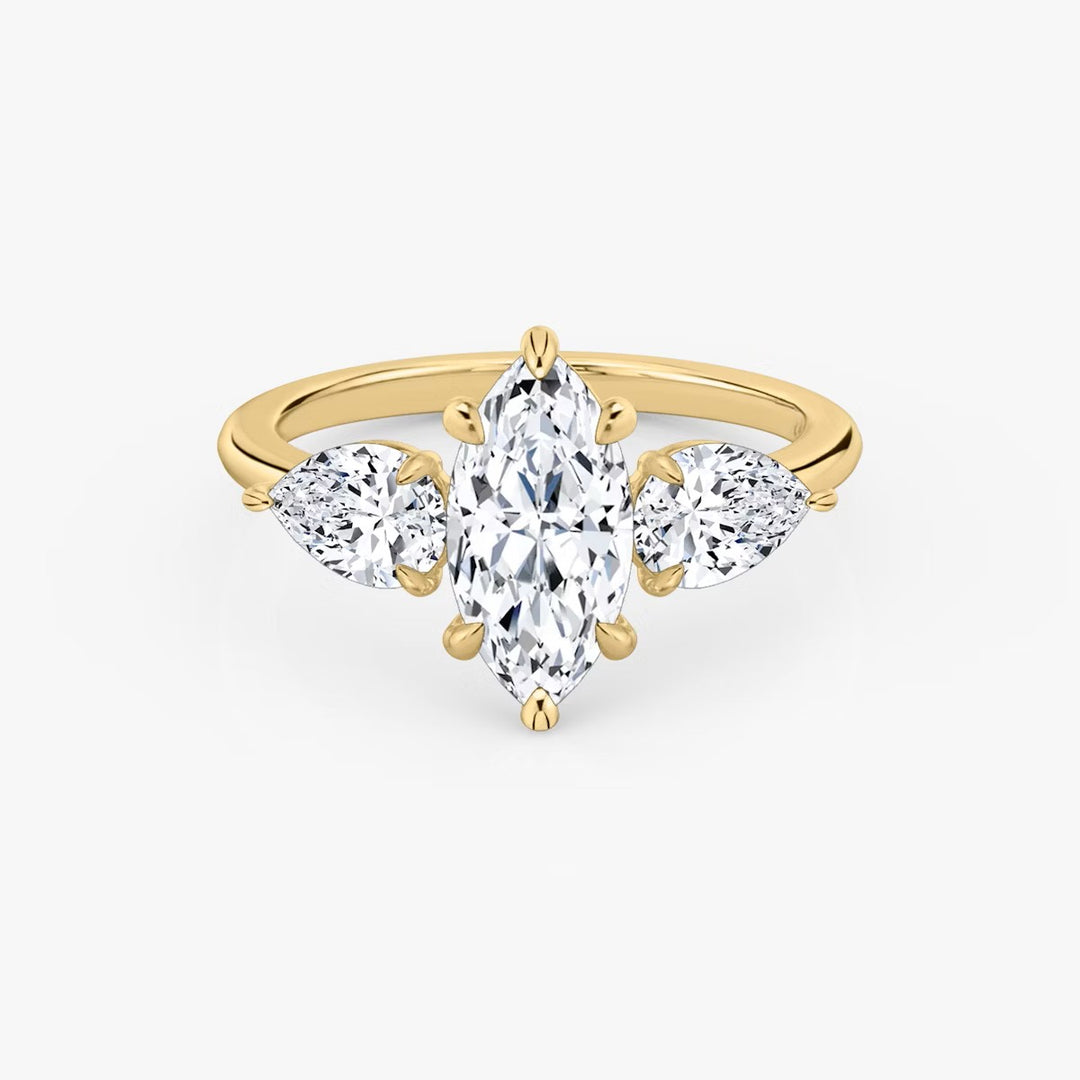 Marquise Cut - Plain Band - Three Stone Ring- 0.5 Ct Side Stone each - 14 K Gold