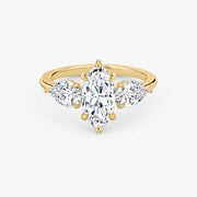 Marquise Cut - Plain Band - Three Stone Ring- 0.5 Ct Side Stone each - 14 K Gold