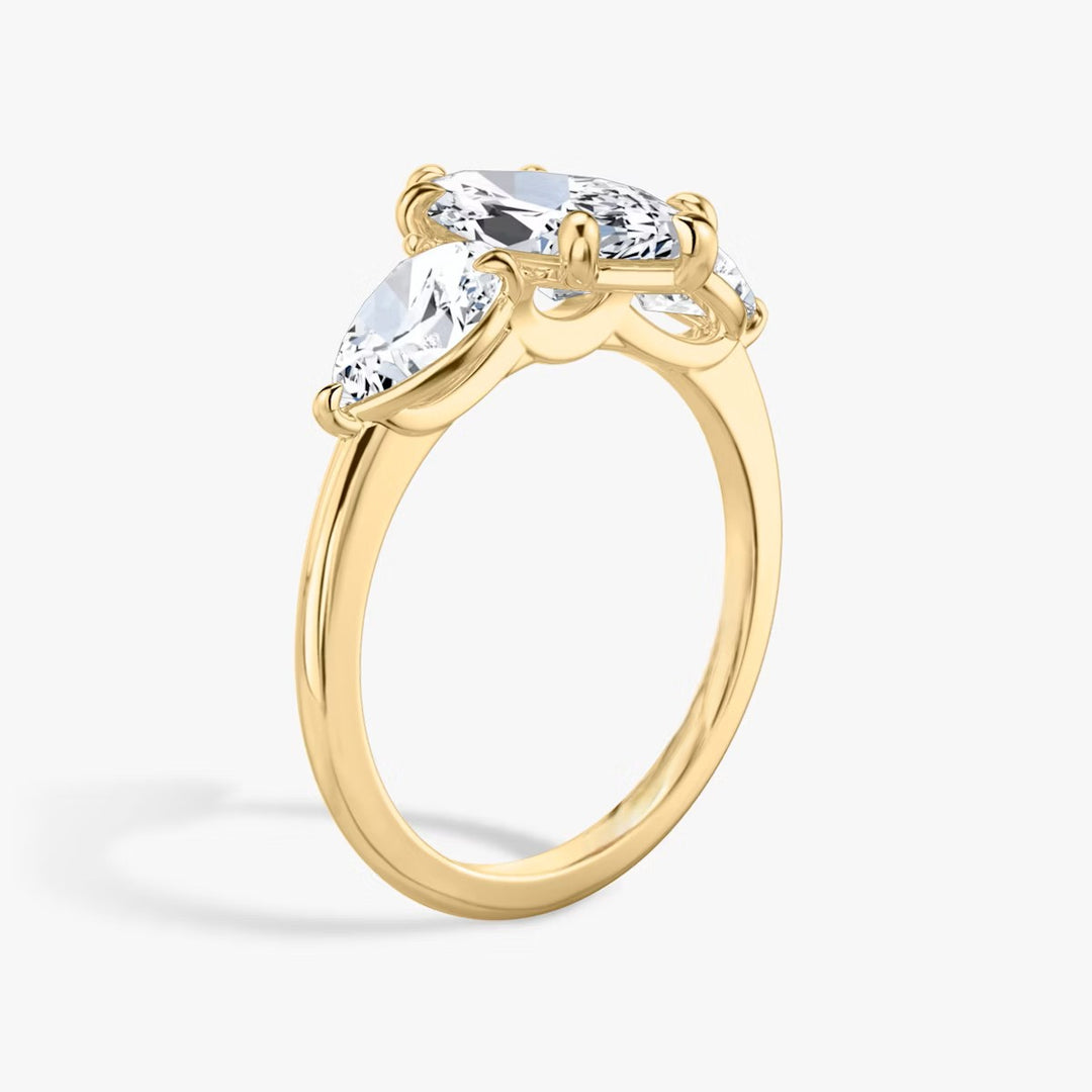 Marquise Cut - Plain Band - Three Stone Ring- 0.5 Ct Side Stone each - 18 K Gold