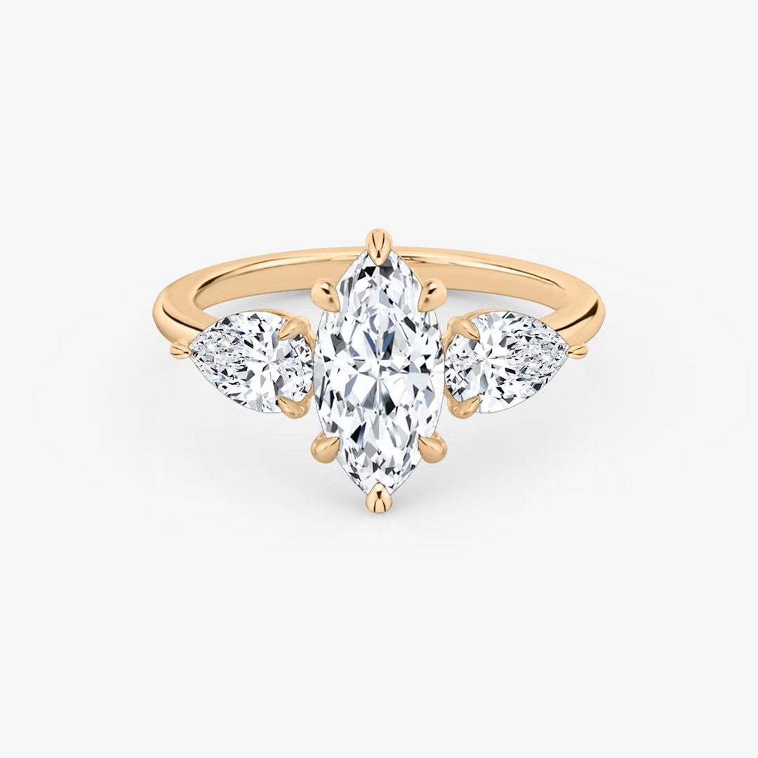 Marquise Cut - Plain Band - Three Stone Ring- 0.5 Ct Side Stone each - 18 K Gold