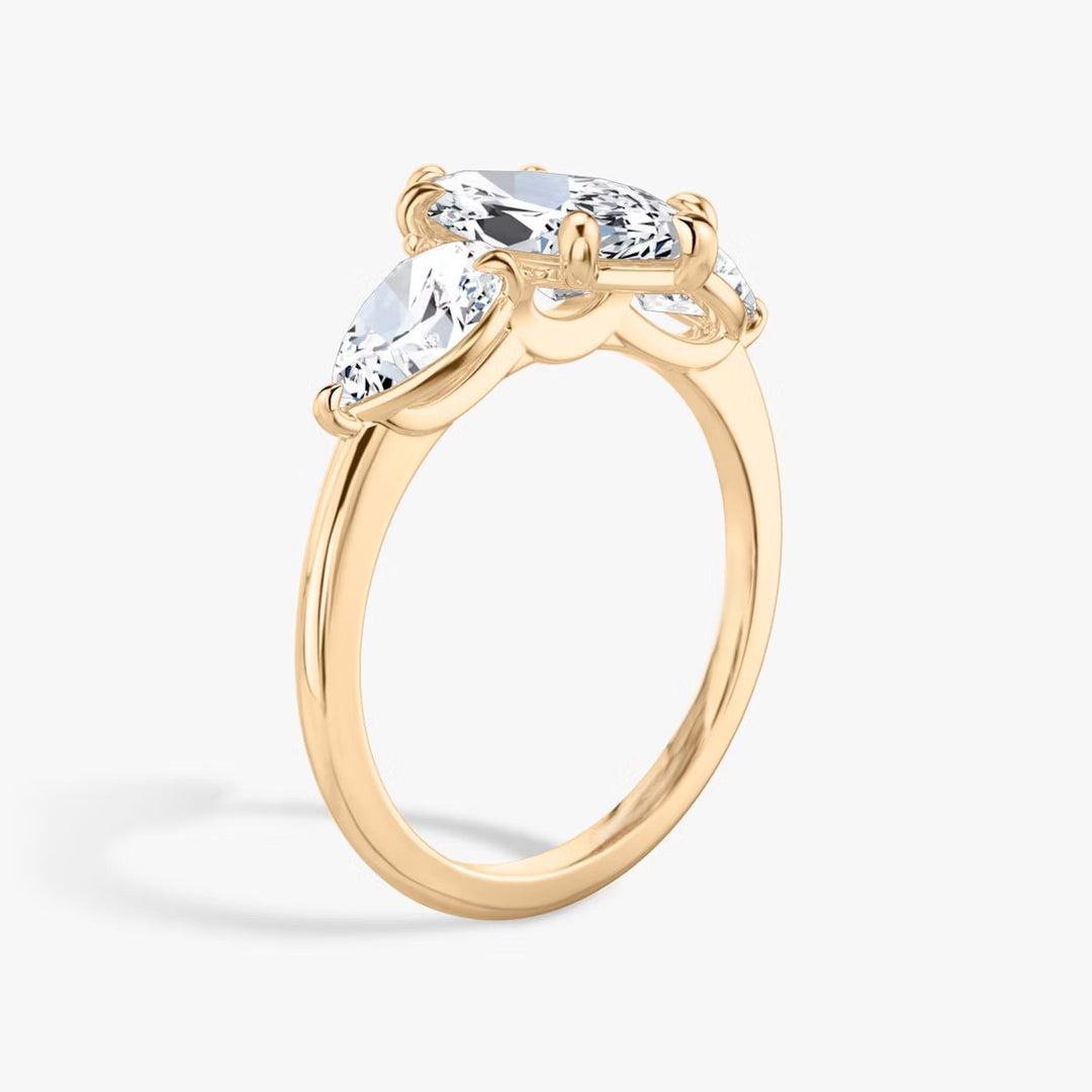 Marquise Cut - Plain Band - Three Stone Ring- 0.5 Ct Side Stone each - 18 K Gold