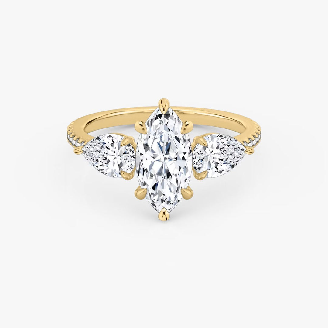 Marquise Cut - Pave Band - Three Stone Ring - 0.25 Ct Side Stone each - 14 K Gold