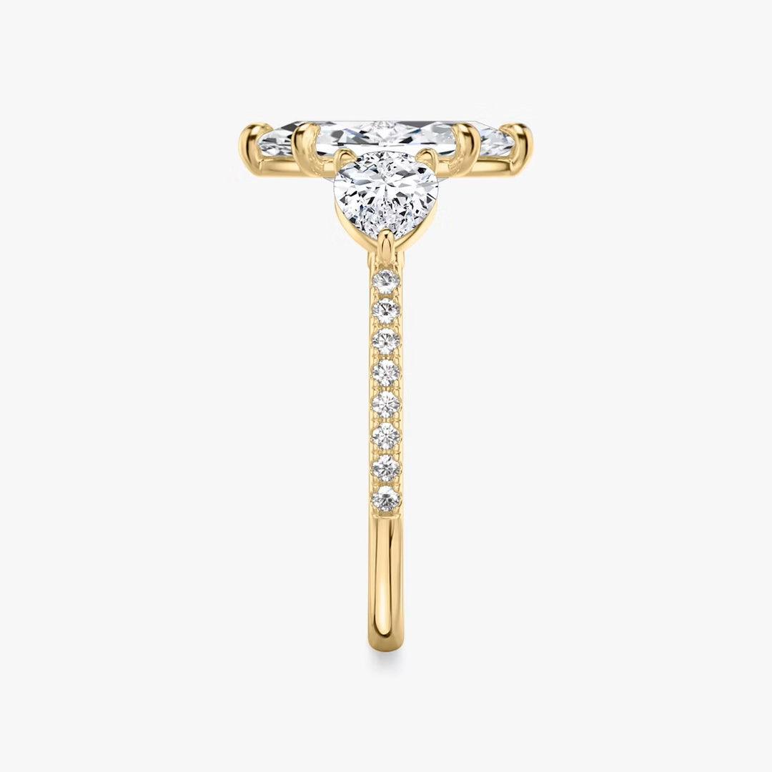 Marquise Cut - Pave Band - Three Stone Ring - 0.25 Ct Side Stone each - 14 K Gold
