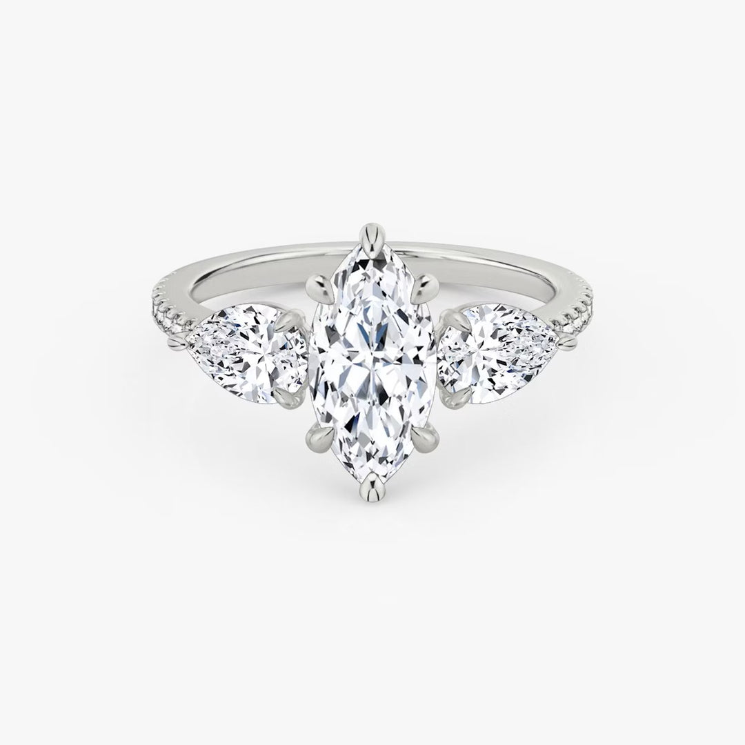 Marquise Cut - Pave Band - Three Stone Ring - 0.25 Ct Side Stone each - 18 K Gold