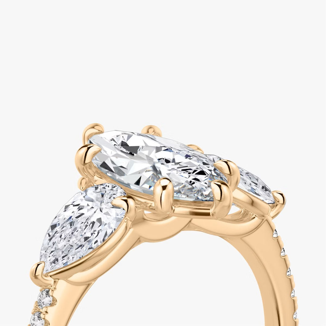 Marquise Cut - Pave Band - Three Stone Ring - 0.25 Ct Side Stone each - 18 K Gold