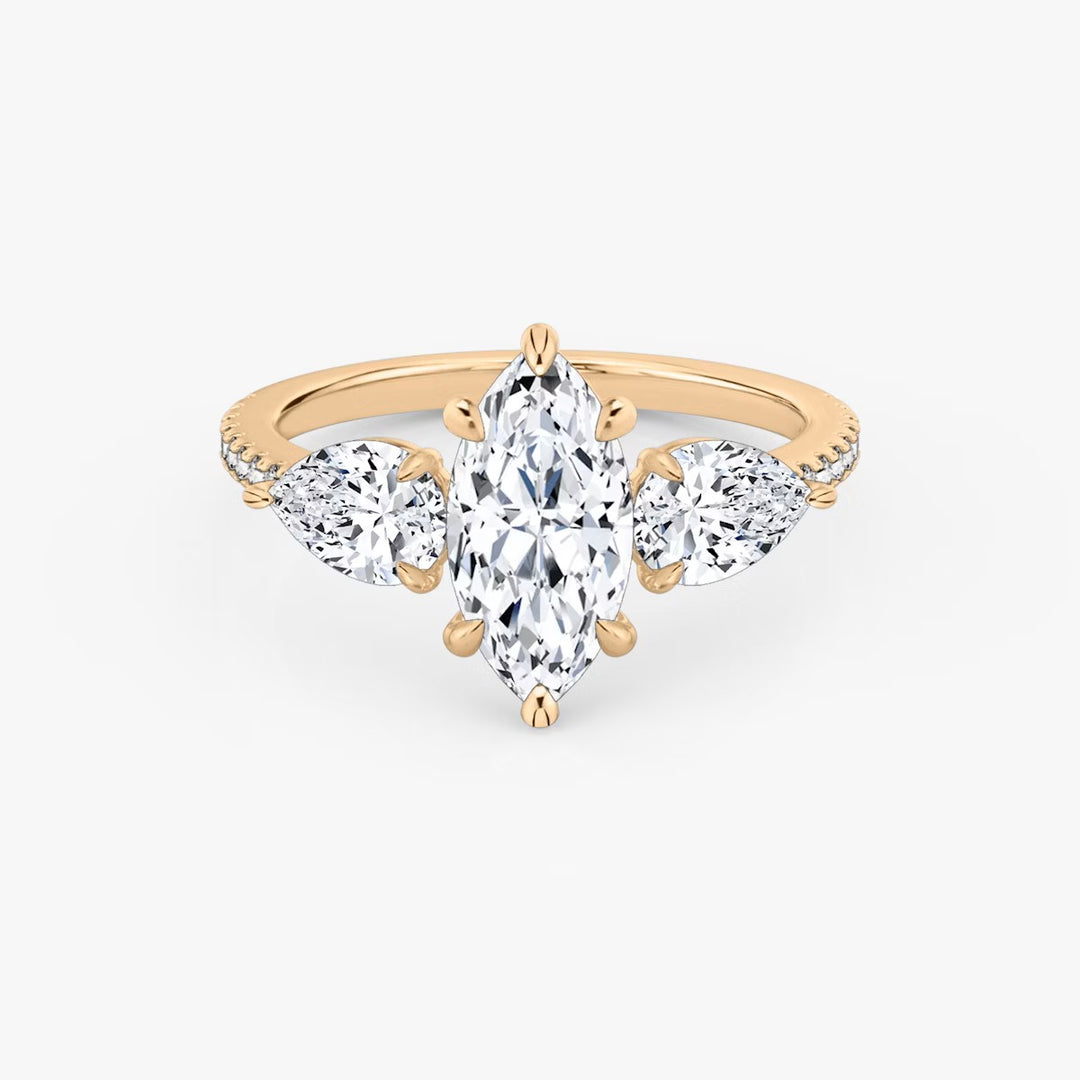 Marquise Cut - Pave Band - Three Stone Ring - 0.25 Ct Side Stone each - 14 K Gold