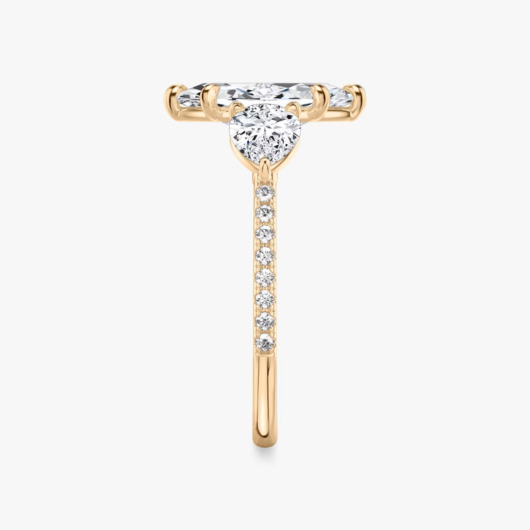 Marquise Cut - Pave Band - Three Stone Ring - 0.25 Ct Side Stone each - 14 K Gold