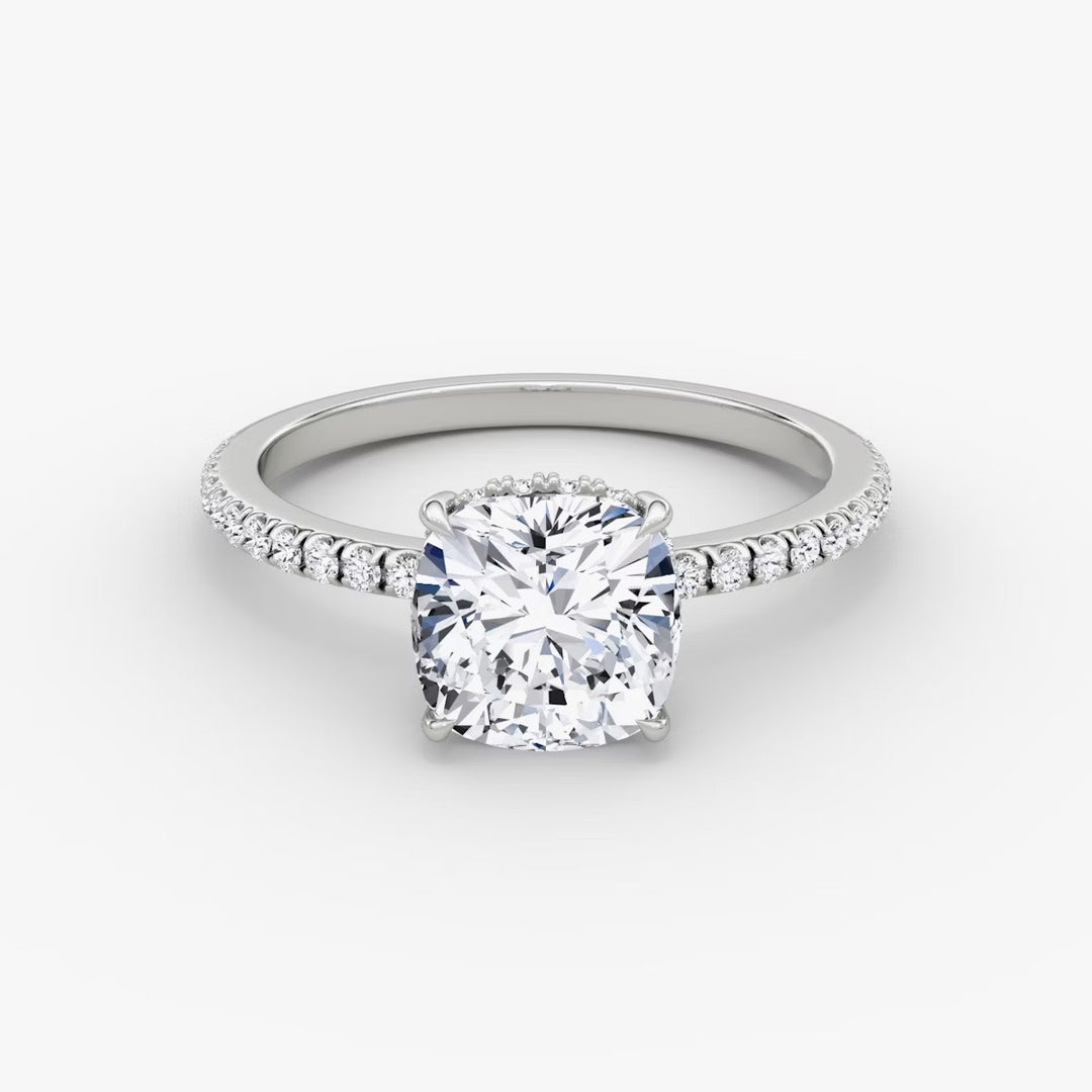 Cushion Cut - Pave Band Hidden Halo - Classic Engagement Ring- 14 K