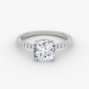 Cushion Cut - Pave Band Hidden Halo - Classic Engagement Ring- 14 K