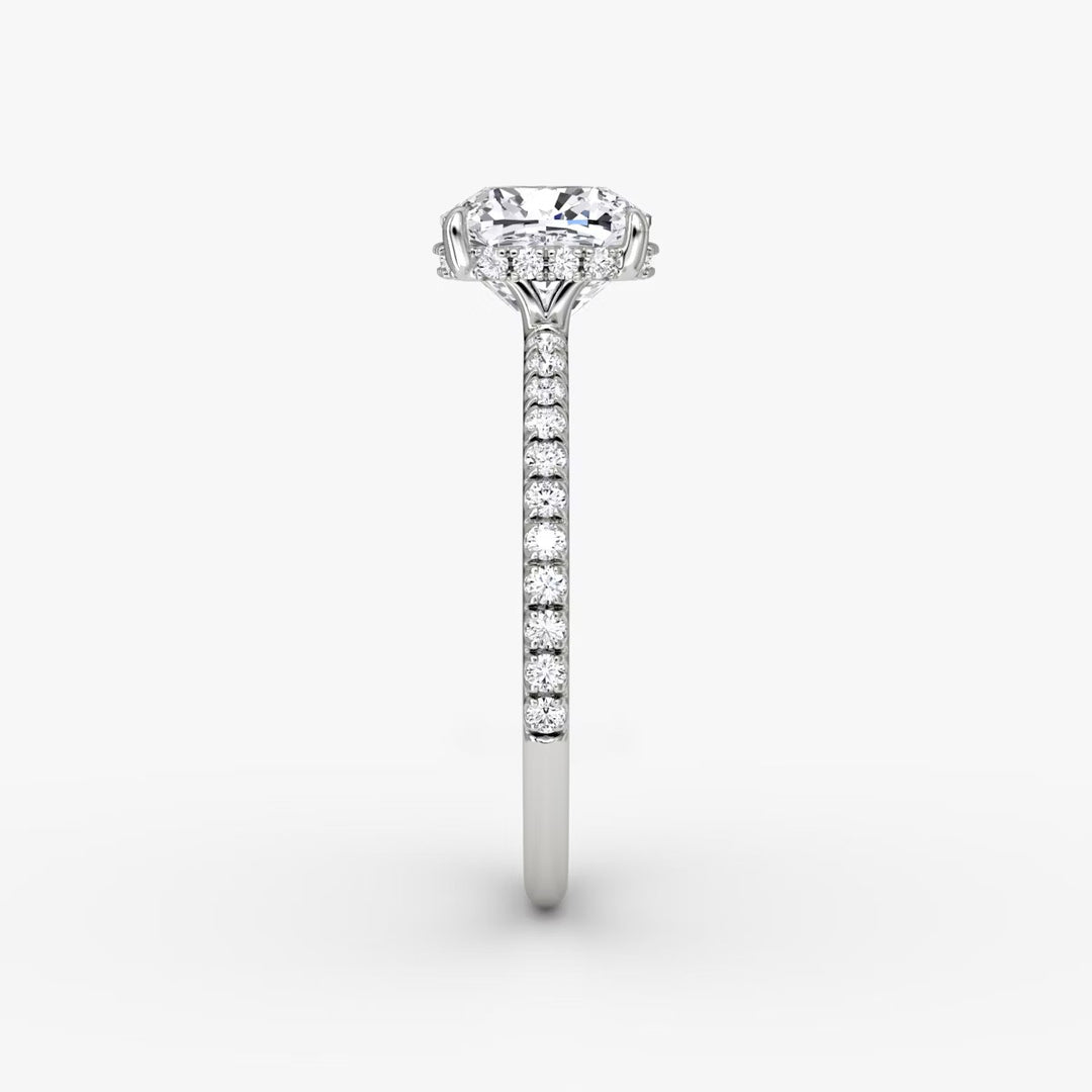 Cushion Cut - Pave Band Hidden Halo - Classic Engagement Ring- 14 K