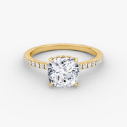 Cushion Cut - Pave Band Hidden Halo - Classic Engagement Ring- 14 K