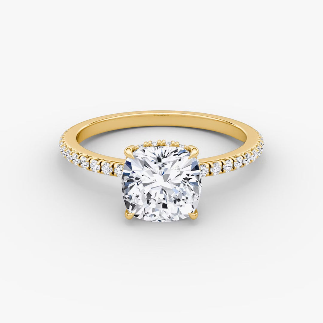 Cushion Cut - Pave Band Hidden Halo - Classic Engagement Ring- 14 K