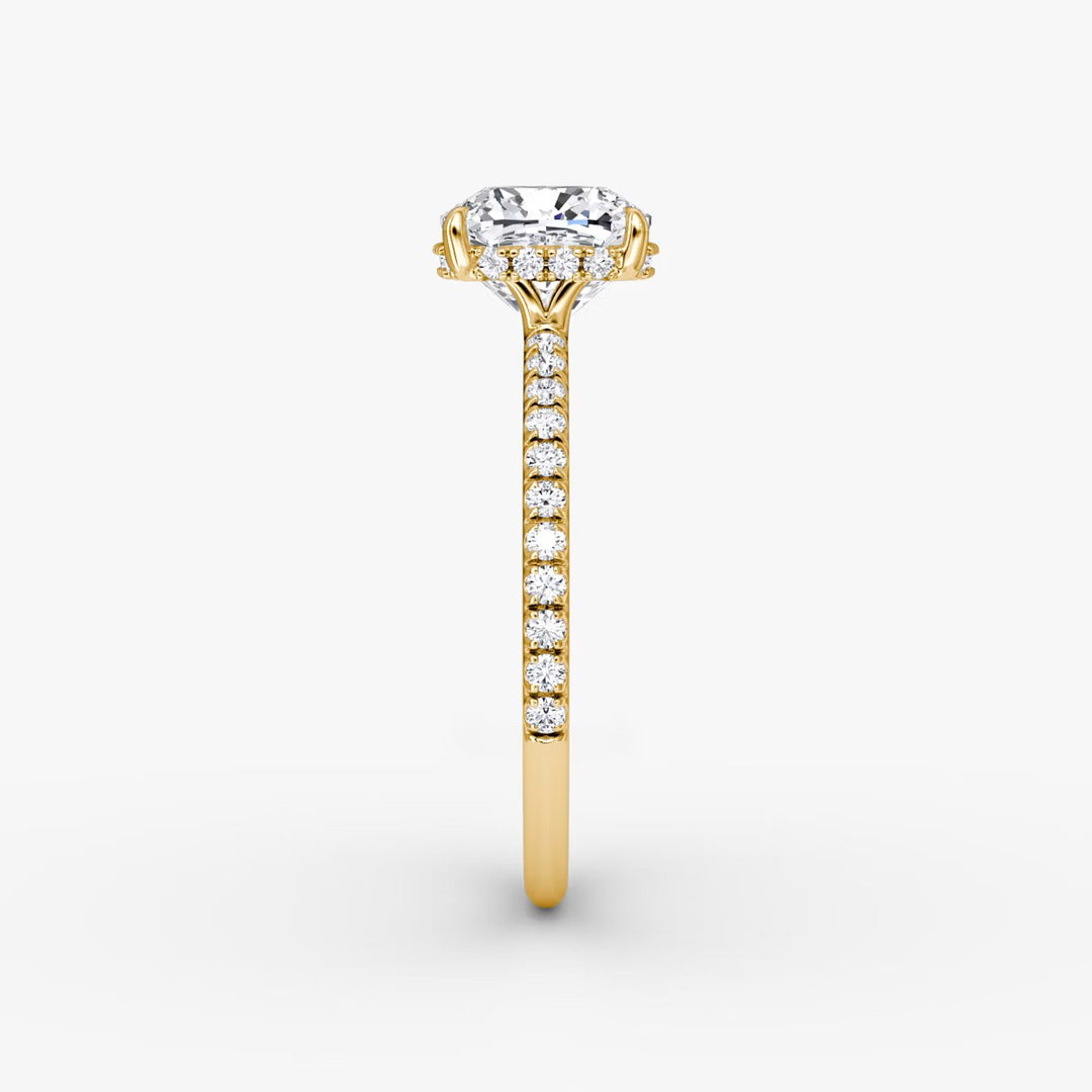 Cushion Cut - Pave Band Hidden Halo - Classic Engagement Ring- 14 K