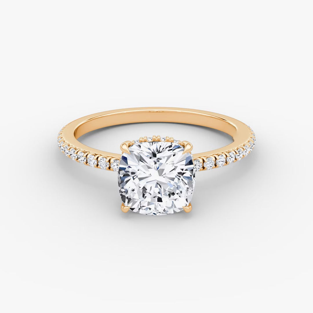 Cushion Cut - Pave Band Hidden Halo - Classic Engagement Ring- 14 K