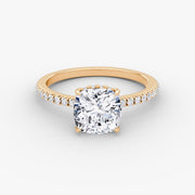 Cushion Cut - Pave Band Hidden Halo - Classic Engagement Ring- 14 K