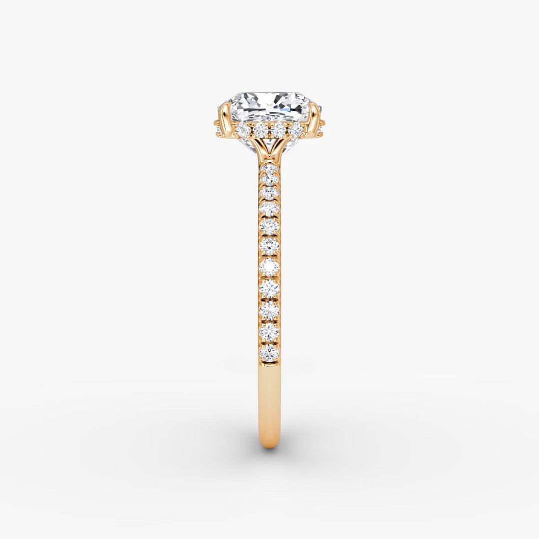 Cushion Cut - Pave Band Hidden Halo - Classic Engagement Ring- 14 K