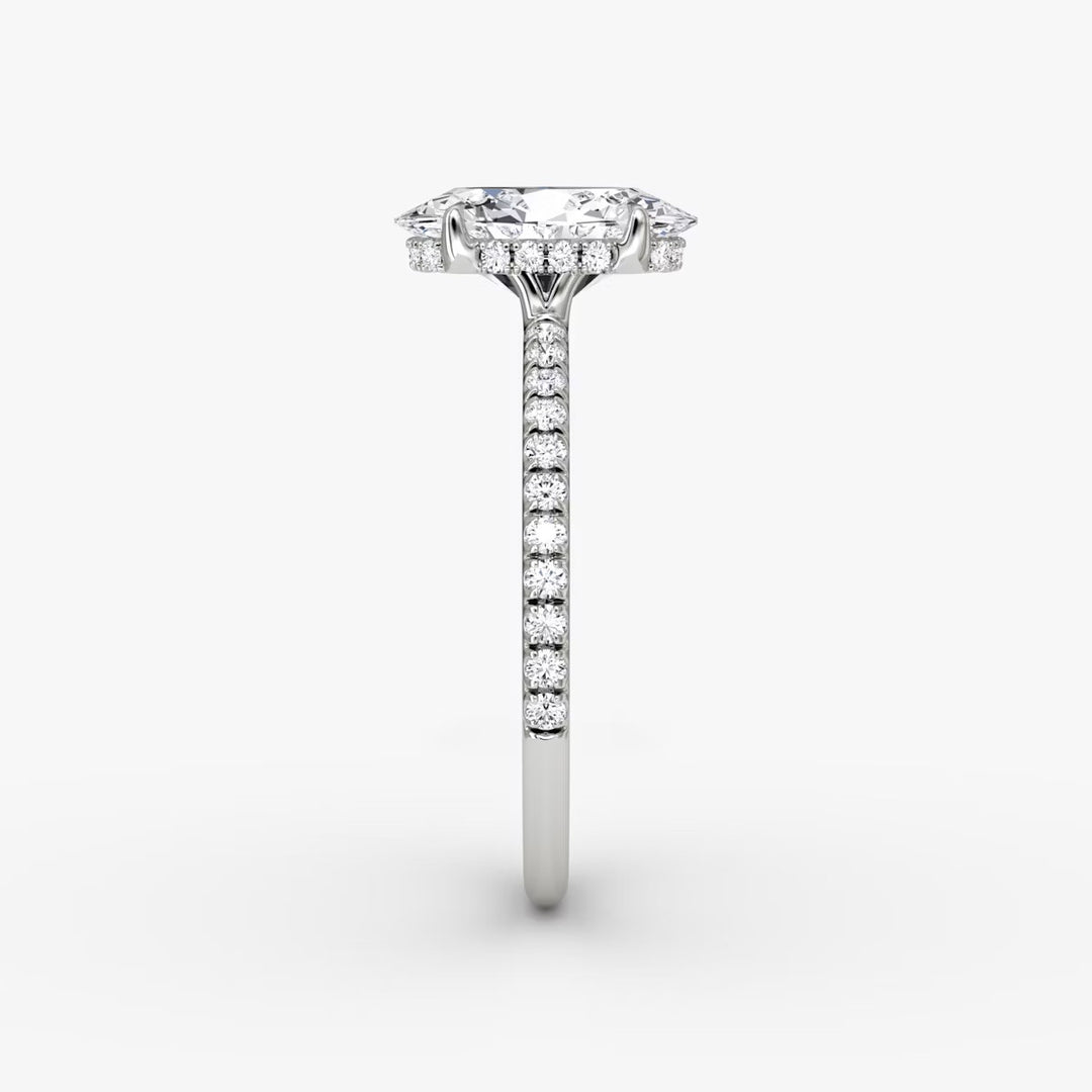 Oval Cut - Pave Band Hidden Halo - Classic Engagement Ring- 18 K Gold