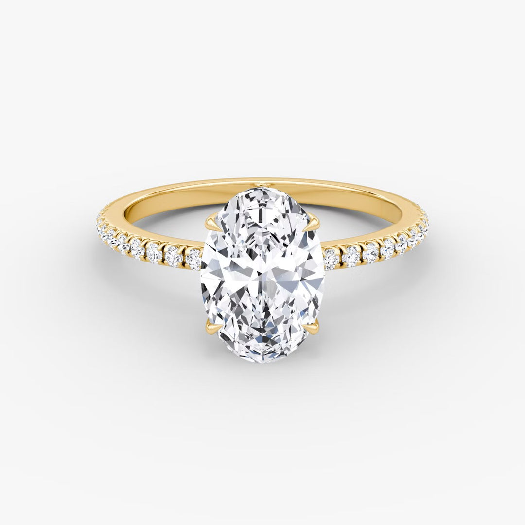 Oval Cut - Pave Band Hidden Halo - Classic Engagement Ring- 18 K Gold