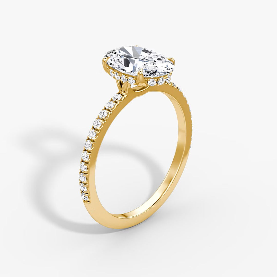 Oval Cut - Pave Band Hidden Halo - Classic Engagement Ring- 18 K Gold