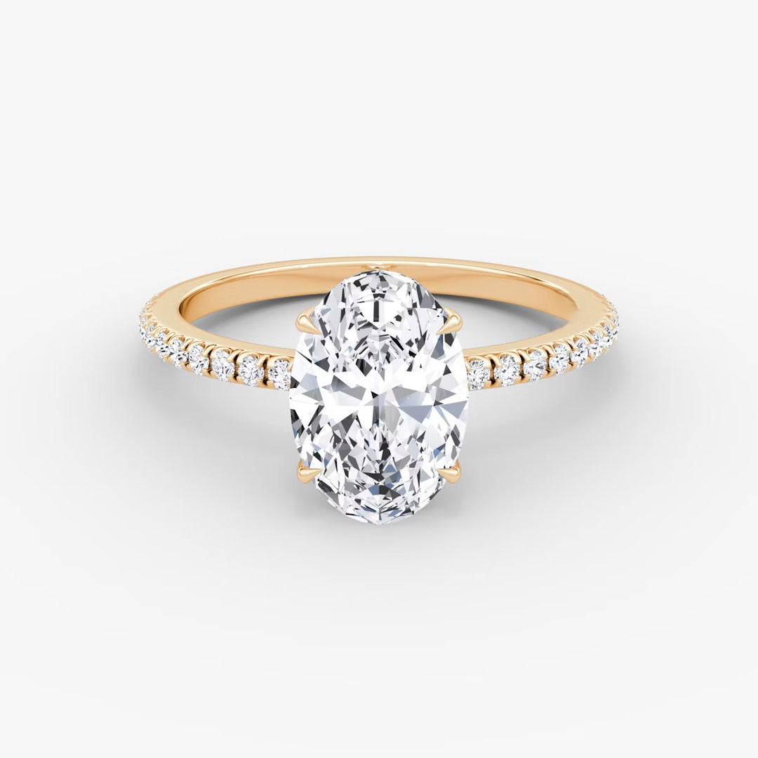 Oval Cut - Pave Band Hidden Halo - Classic Engagement Ring- 18 K Gold