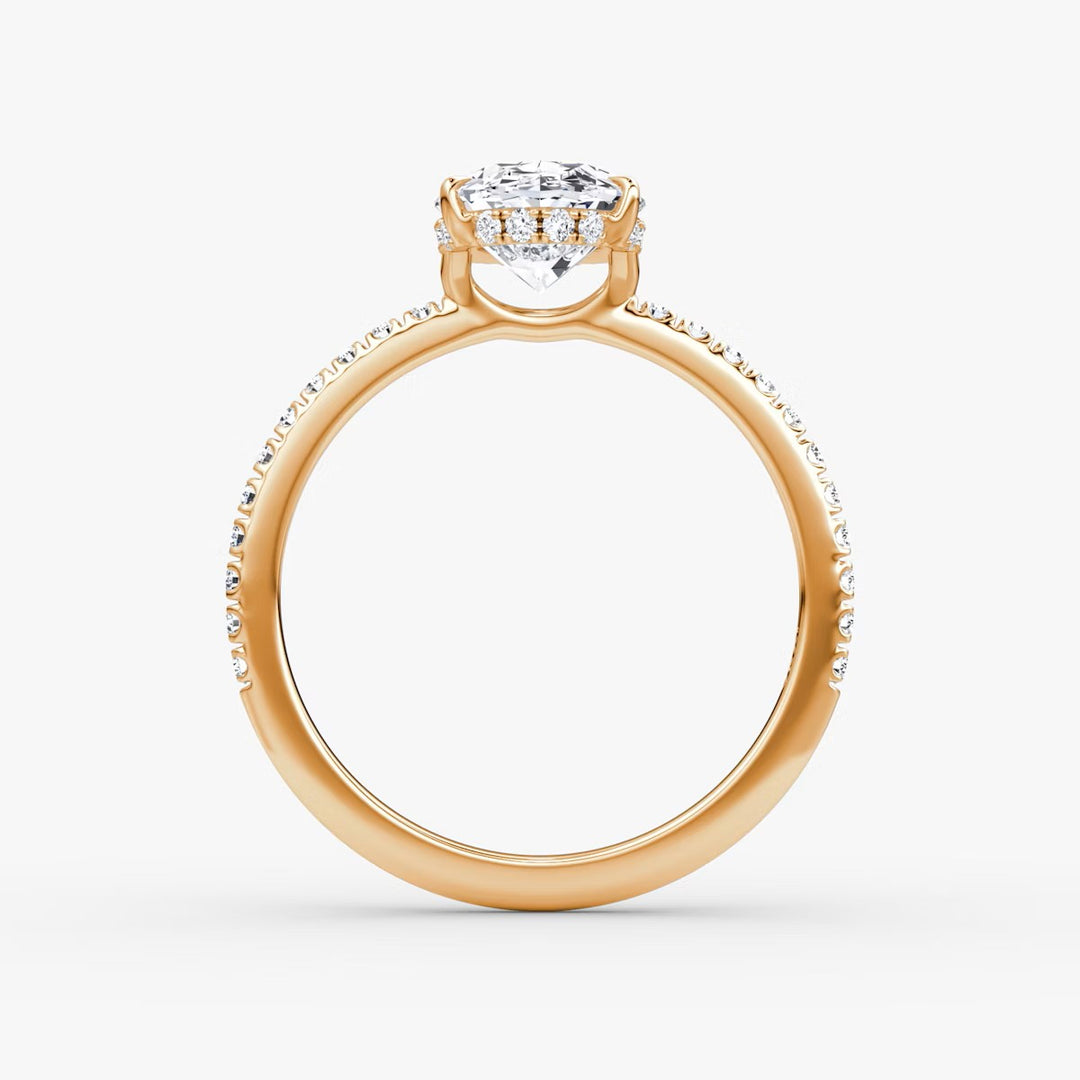 Oval Cut - Pave Band Hidden Halo - Classic Engagement Ring- 18 K Gold