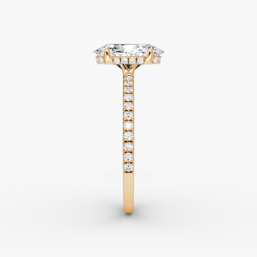 Oval Cut - Pave Band Hidden Halo - Classic Engagement Ring- 18 K Gold